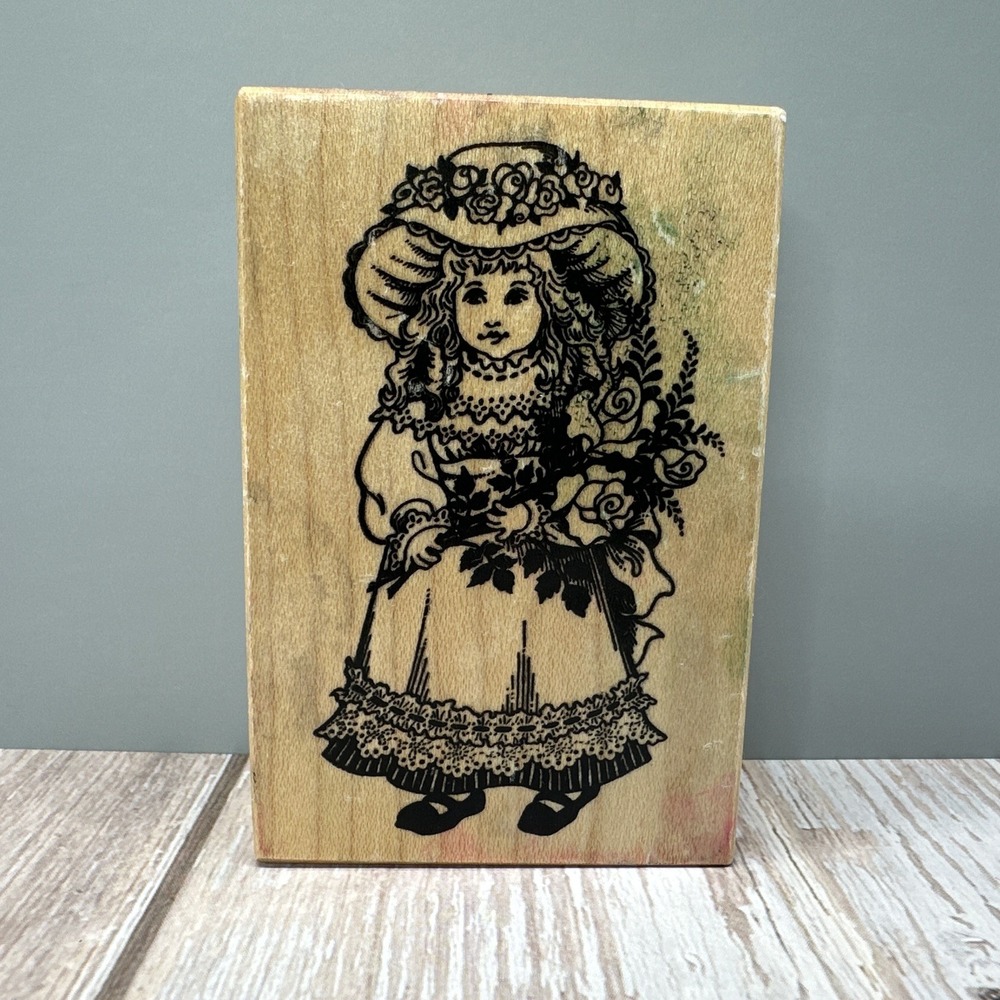 Vintage PSX Victorian Doll Girl Rubber Stamp G-477 Flowers Hat Rose Lace